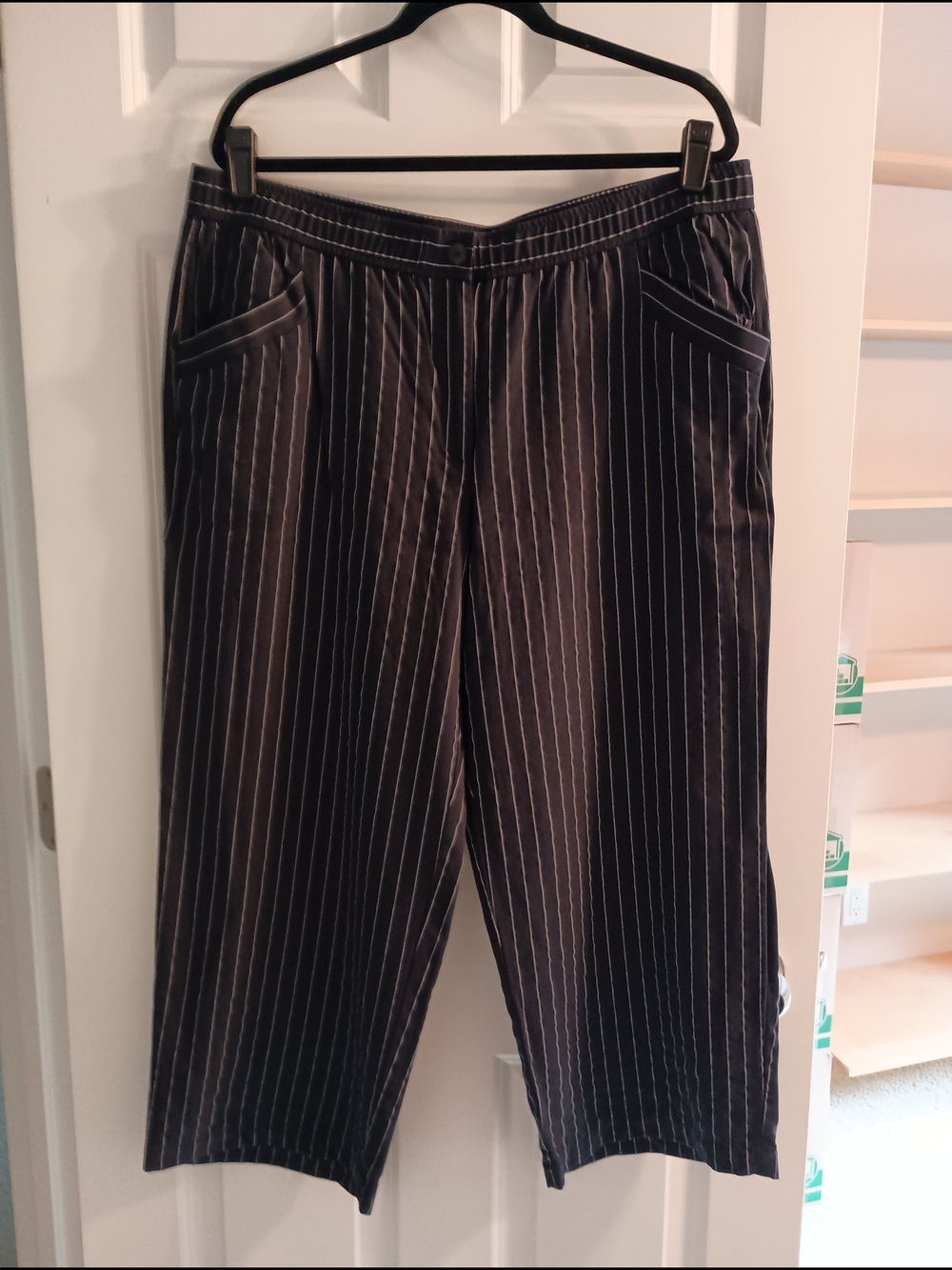 Eileen Fisher Navy with White Pinstripe Wide-Leg Cropped Pants